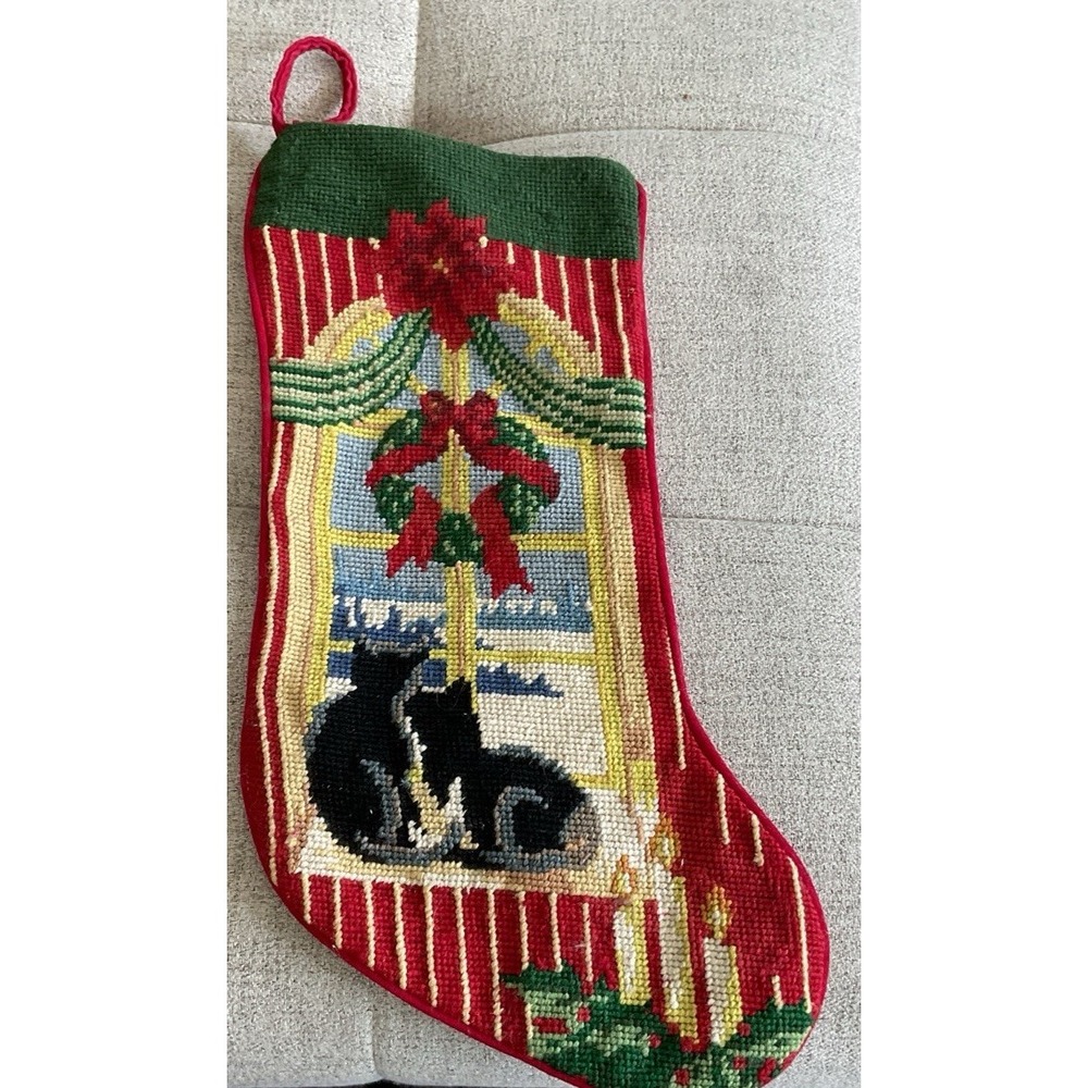 Vtg Wool Needlepoint Christmas Stocking W/Red Velvet Backing Cat Watching 17x8"